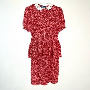 Vintage 80s 70s red floral short peplum dress with lace collar size 8